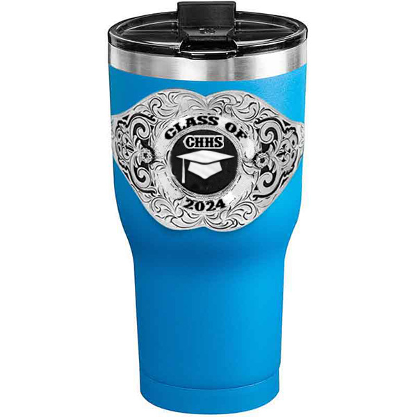 A customized tumbler made of stainless steel with a personalized engraved Class of 2024 lettering with graduate cap figure, 30 oz, ideal for coffee or cool drinks